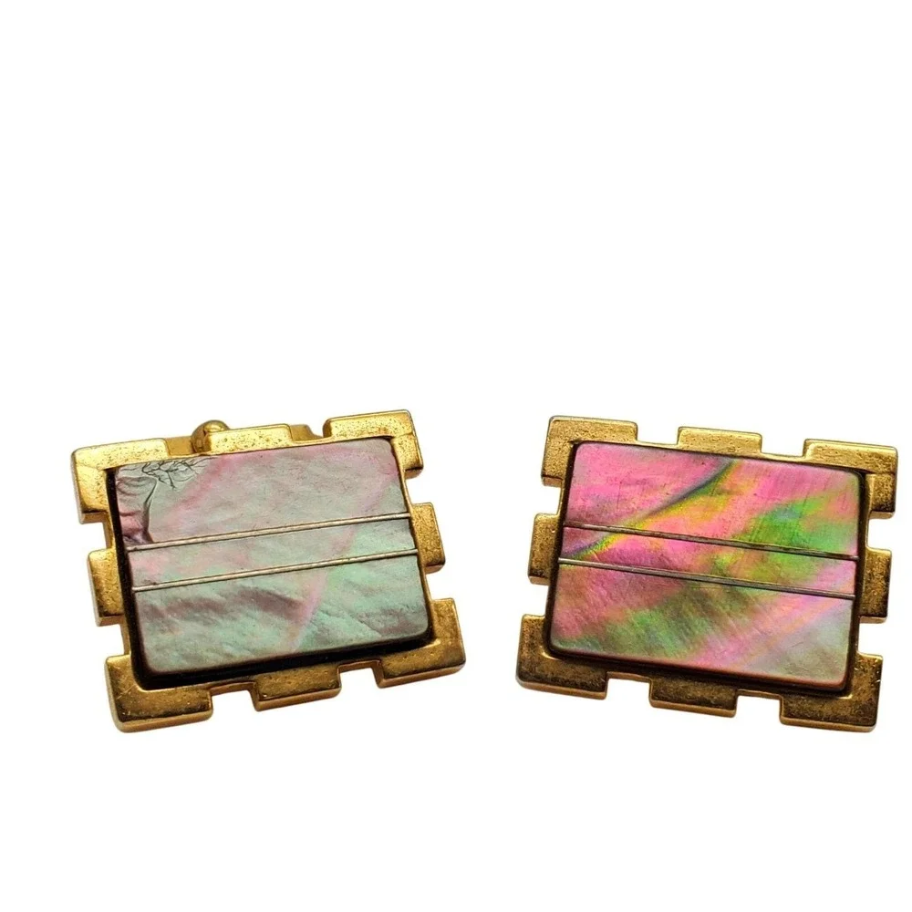 Cufflinks Abalone Shell Gold Tone Rectangle Inlay Iridescent 1960s Mid Century